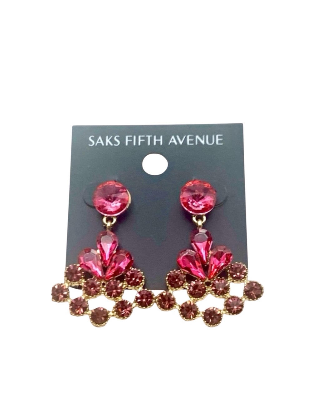 Saks Fifth Avenue Gold Plated & Pink Crystal Triangle Costume Jewelry Earrings. - Picture 1 of 5